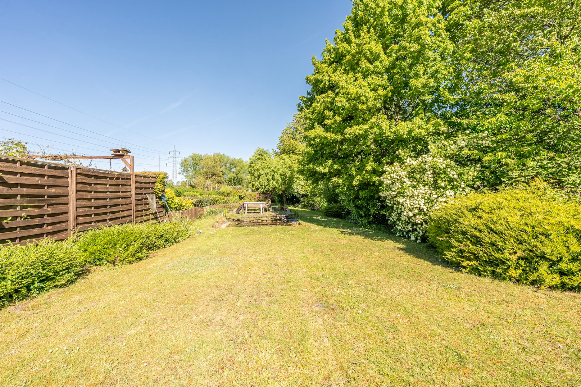 Großer Garten mit Rasenfläche, Holzzaun links und vielen Bäumen im Hintergrund.