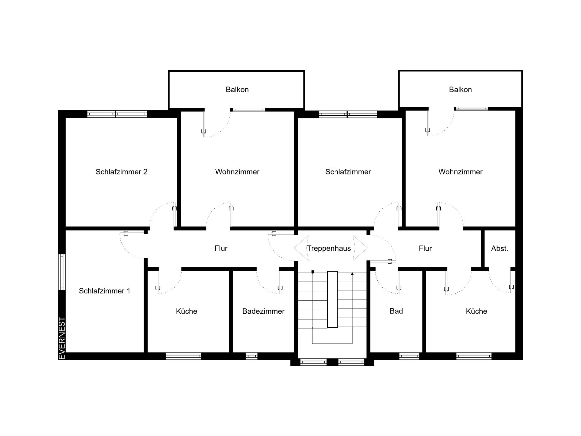 Grundriss einer Wohnung mit Schlafzimmern, Wohnzimmern, Küchen, Bädern, Fluren und Balkonen.