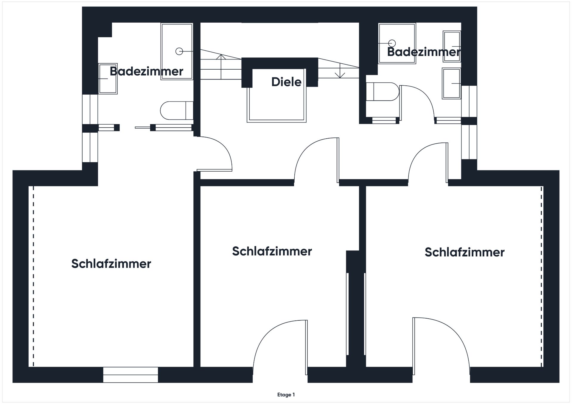 Grundriss mit drei Schlafzimmern, zwei Badezimmern und einer Diele.