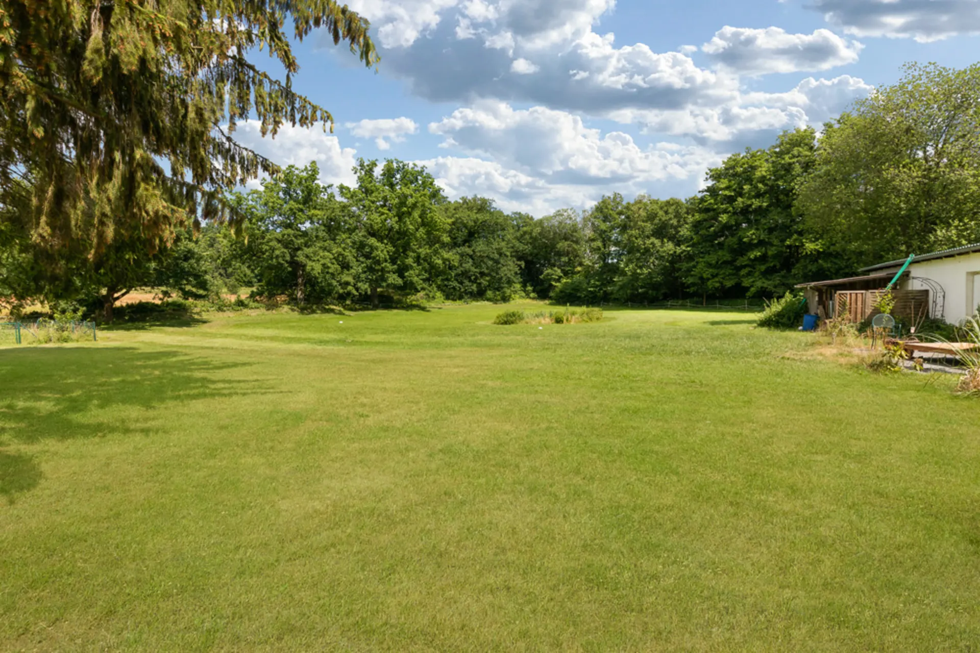 Großer Garten mit Rasen, Bäumen und einem Gebäude am rechten Bildrand.