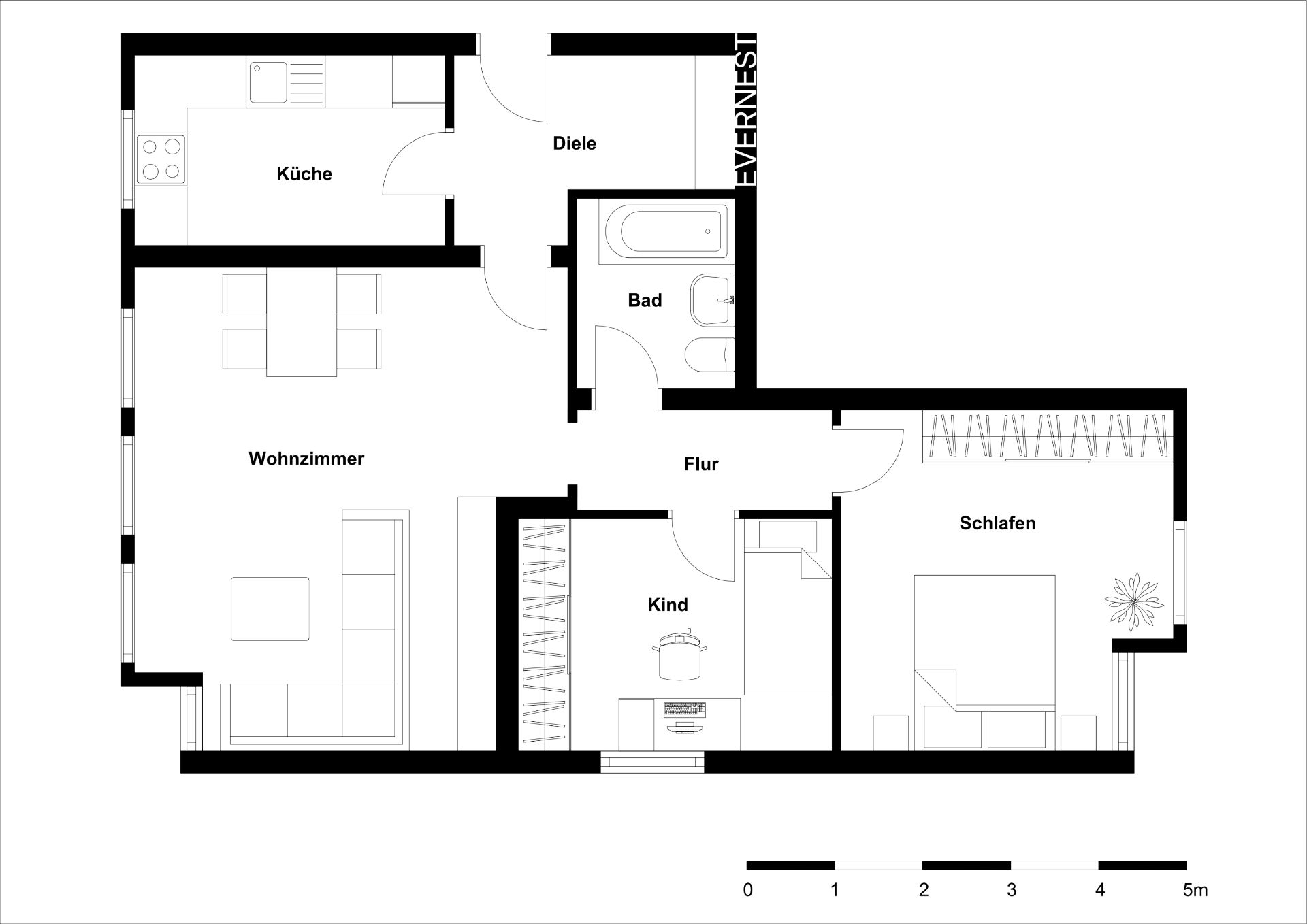 Grundriss einer Wohnung mit Küche, Wohnzimmer, Schlafzimmer, Kinderzimmer, Bad und Flur.