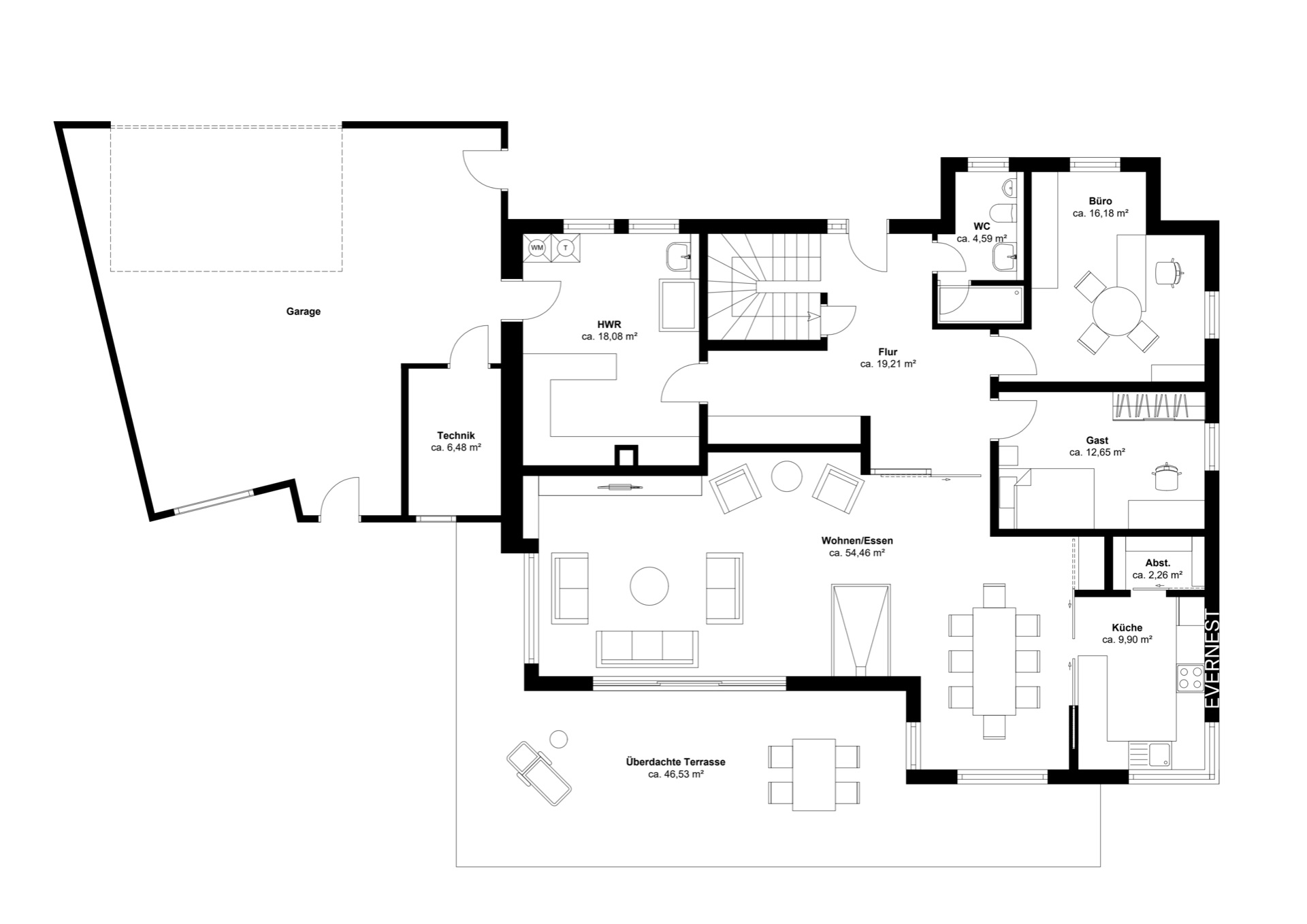 Grundriss eines Wohnhauses mit Garage, Terrasse, Wohn- und Essbereich, Küche und mehreren Zimmern.