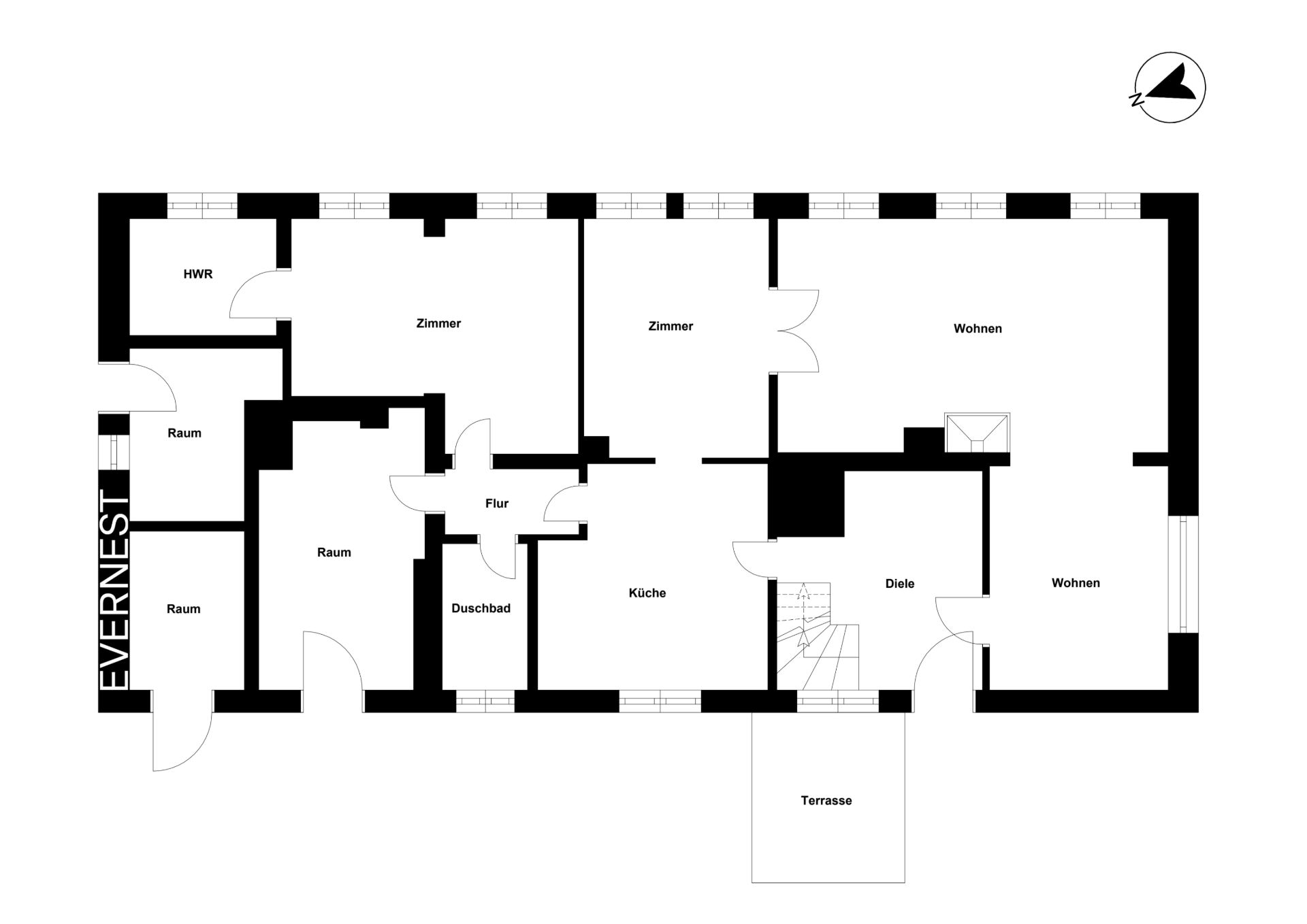 Schwarz-weißer Grundriss eines Hauses mit mehreren Räumen, Küche, Bad und Terrasse.