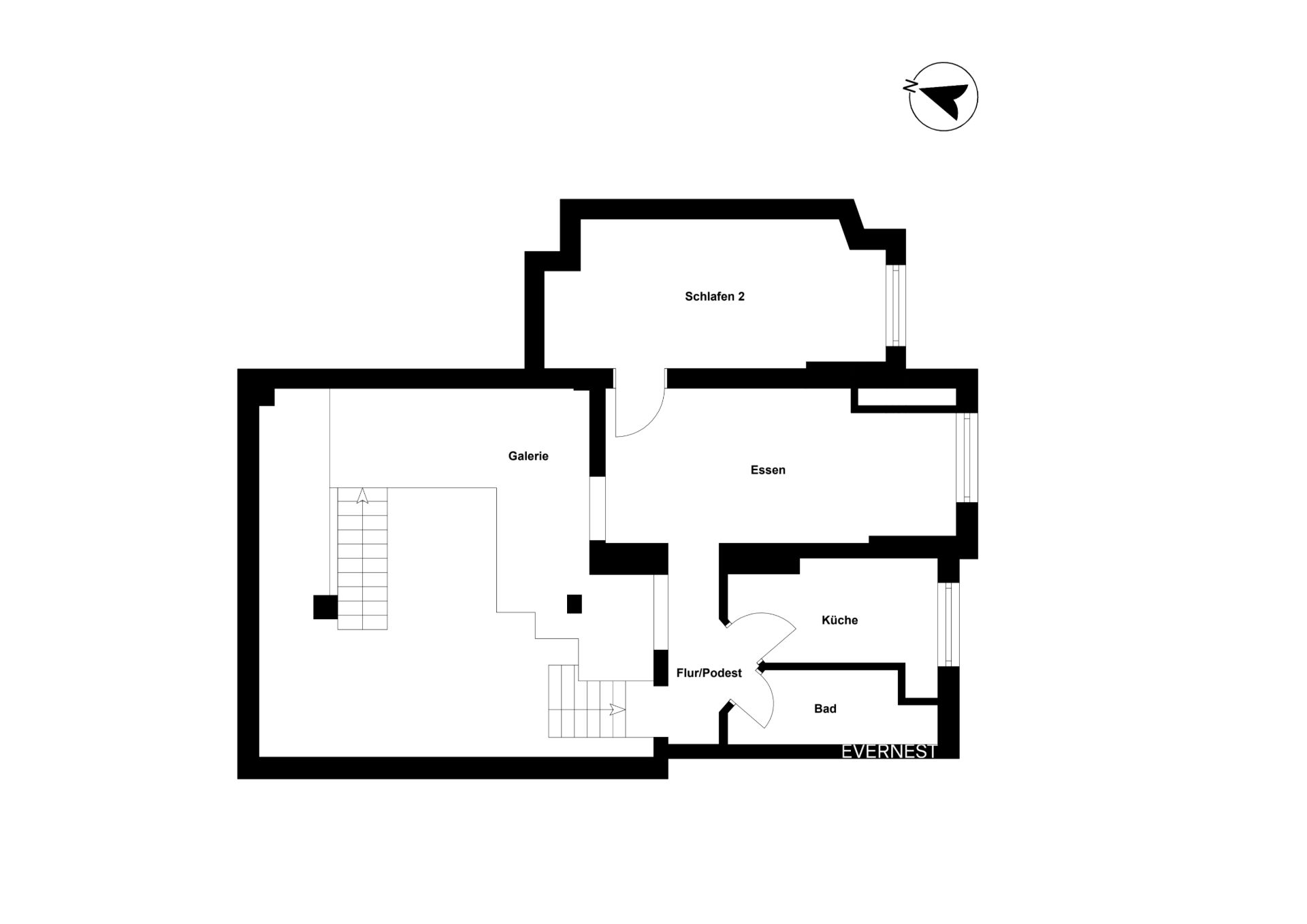 Grundriss einer Wohnung mit Galerie, Schlafzimmer, Essbereich, Küche, Bad und Flur.