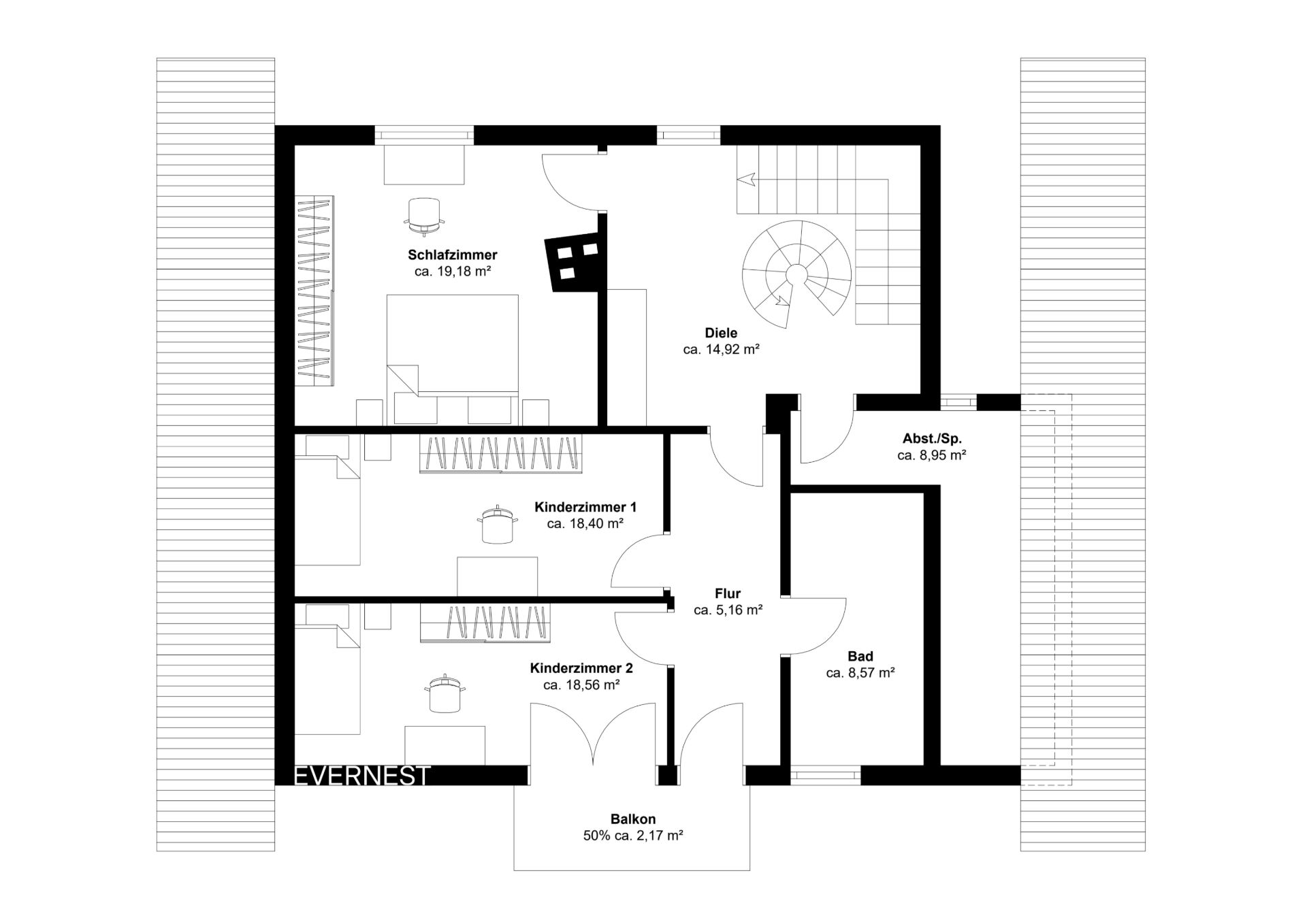 Grundriss mit Schlafzimmer, zwei Kinderzimmern, Bad, Balkon, Diele und Flur.