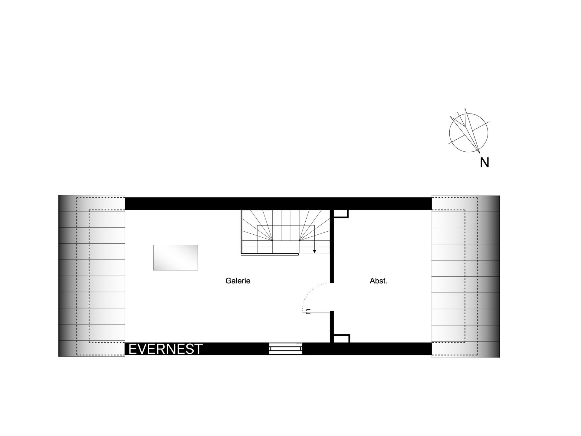Grundriss mit Galerie, Abstellraum, Treppe und Außenbereich links und rechts.