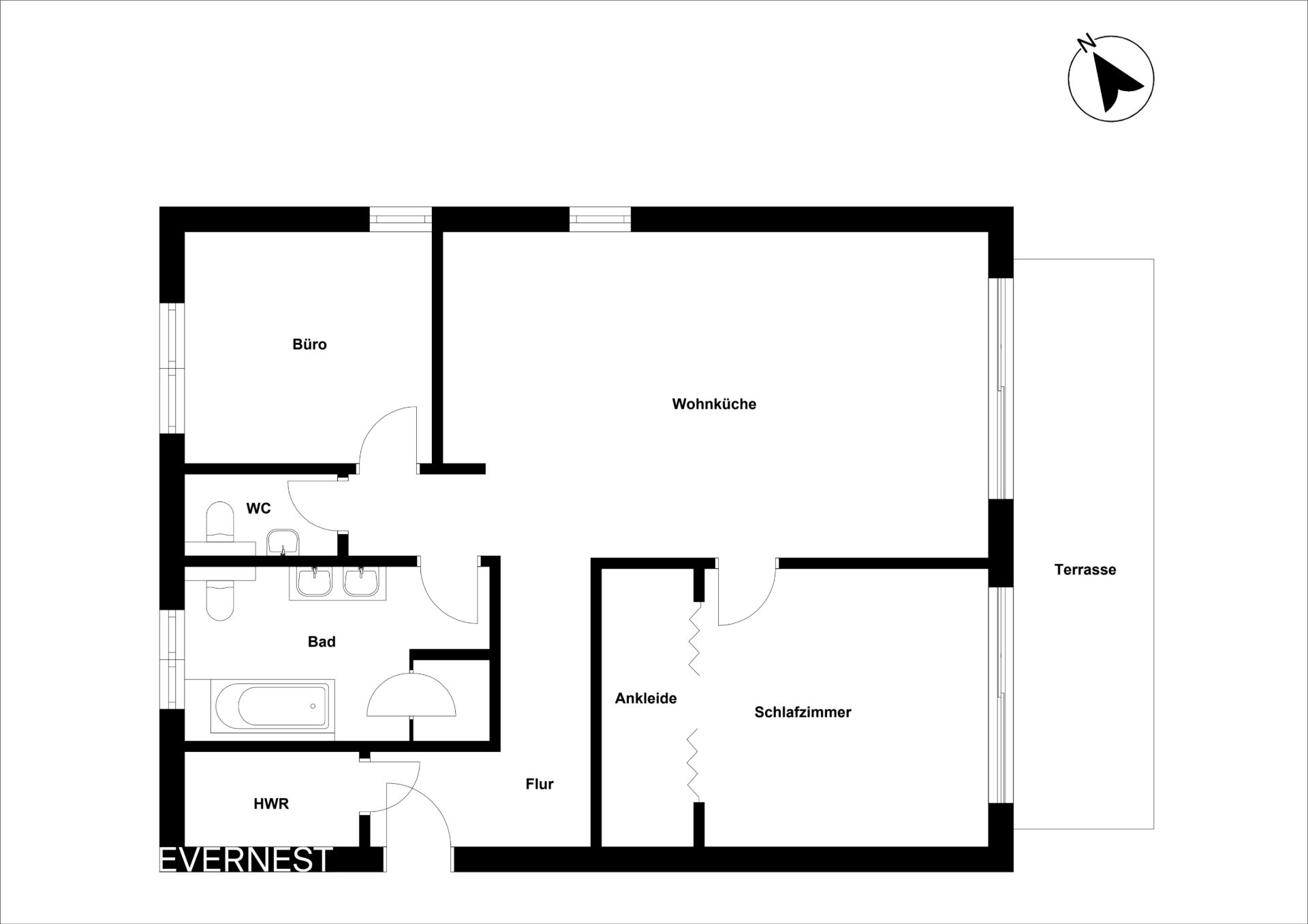 Grundriss einer Wohnung mit Wohnküche, Schlafzimmer, Ankleide, Bad, WC, Büro, HWR und Terrasse.