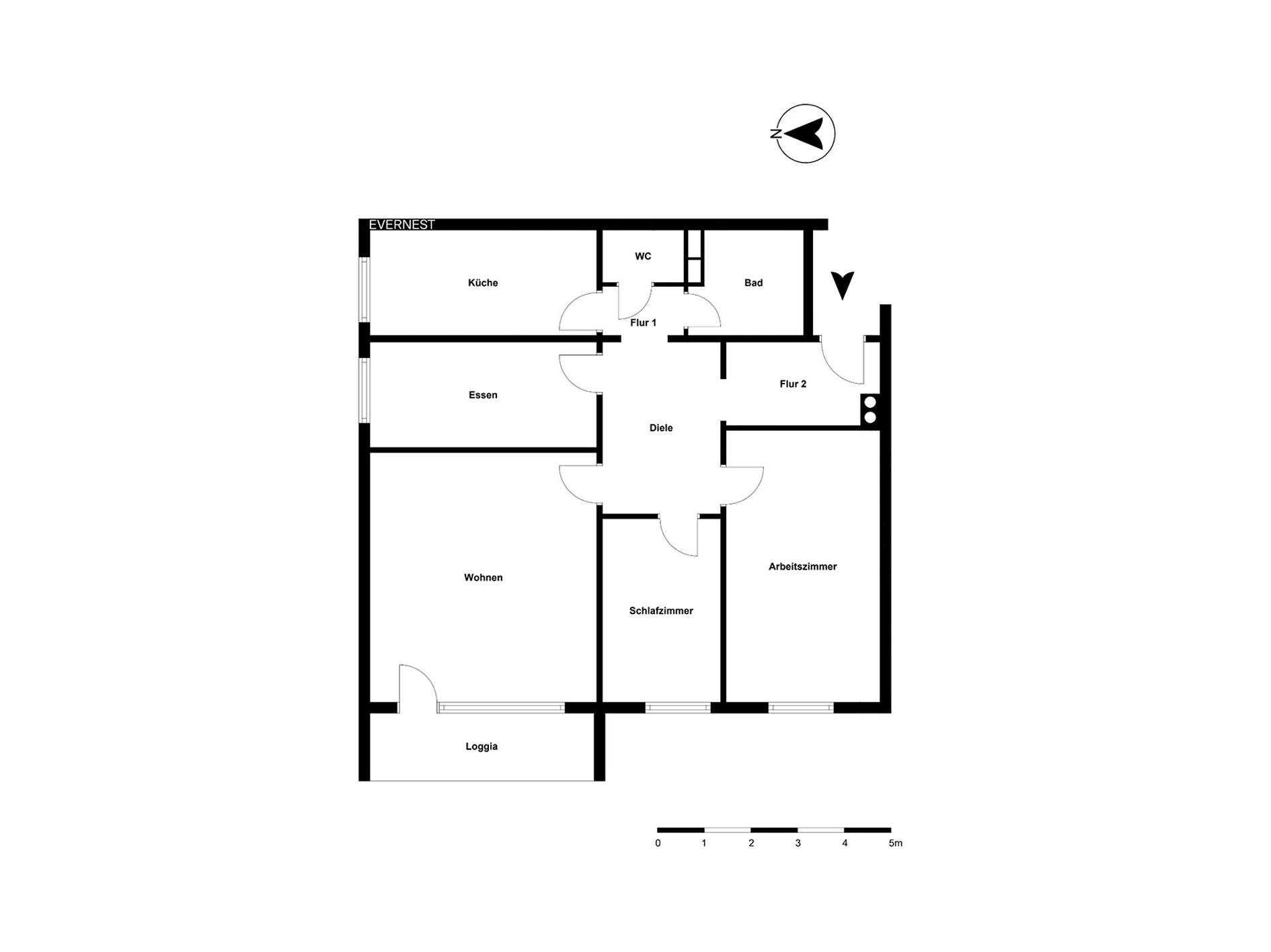 Grundriss einer Wohnung mit Küche, Bad, Schlafzimmer, Wohnzimmer, Arbeitszimmer und Loggia.