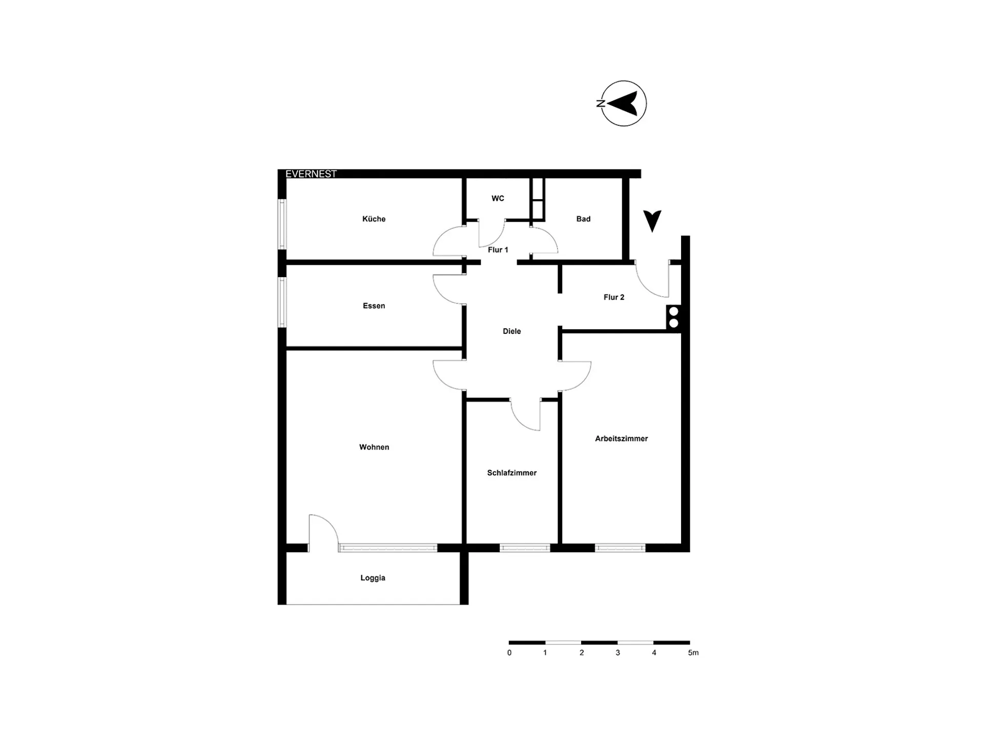 Grundriss einer Wohnung mit Küche, Bad, Schlafzimmer, Wohnzimmer, Arbeitszimmer und Loggia.