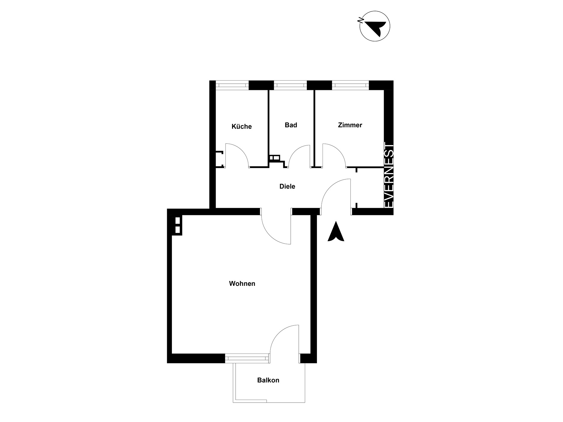 Grundriss einer Wohnung mit Küche, Bad, Zimmer, Diele, Wohnen und Balkon.