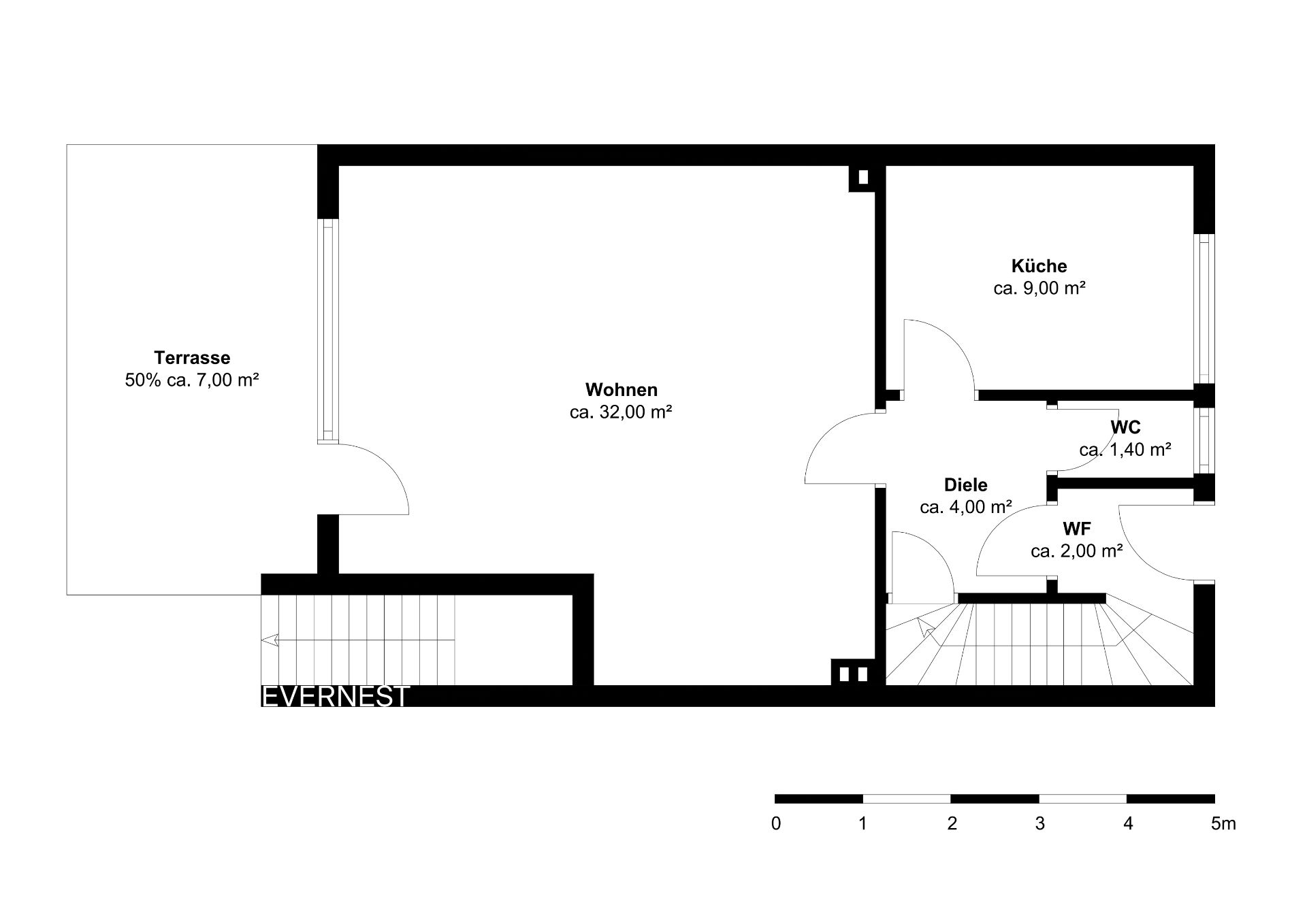 Grundriss einer Wohnung mit Terrasse, Wohnbereich, Küche, WC, Diele und Treppe.