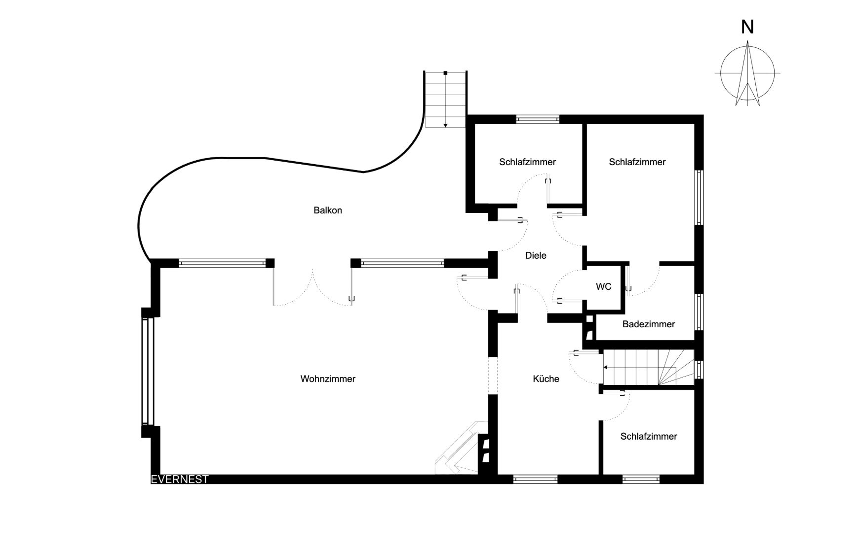 Grundriss mit drei Schlafzimmern, Wohnzimmer, Küche, Bad, WC, Diele und großem Balkon.