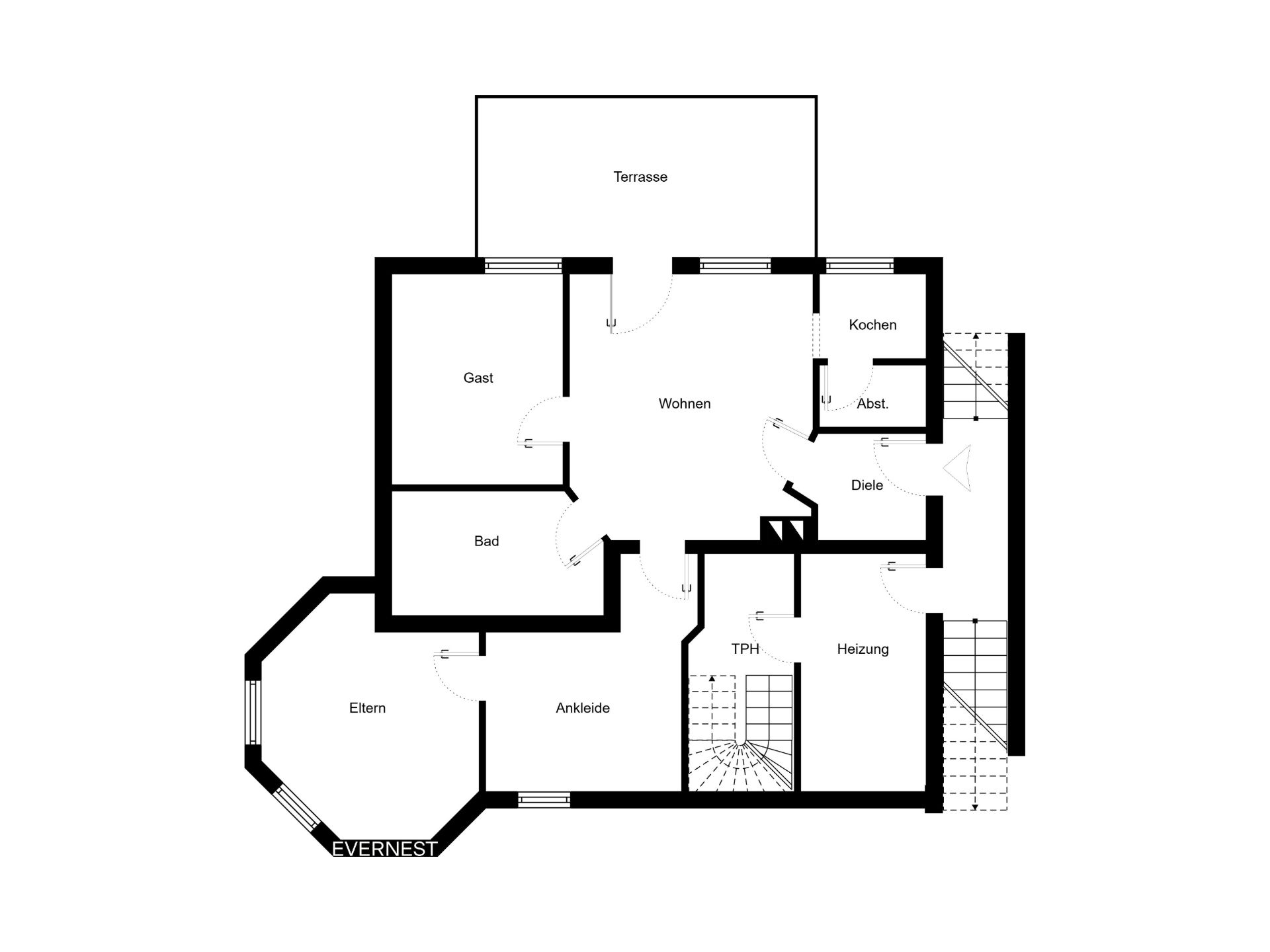 Grundriss eines Hauses mit Terrasse, Wohnzimmer, Küche, Bad, Gäste- und Elternzimmer.