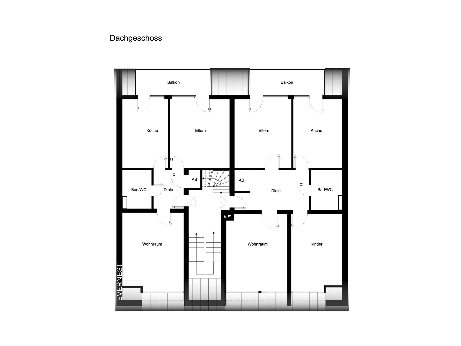 Grundriss eines Dachgeschosses mit Zimmern, Küchen, Bädern und Balkonen.