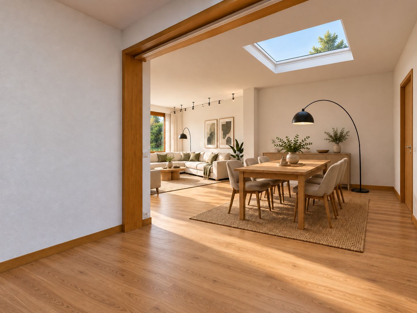 Helles Wohn- und Esszimmer mit Holzboden, Esstisch, Sofa und Oberlicht.