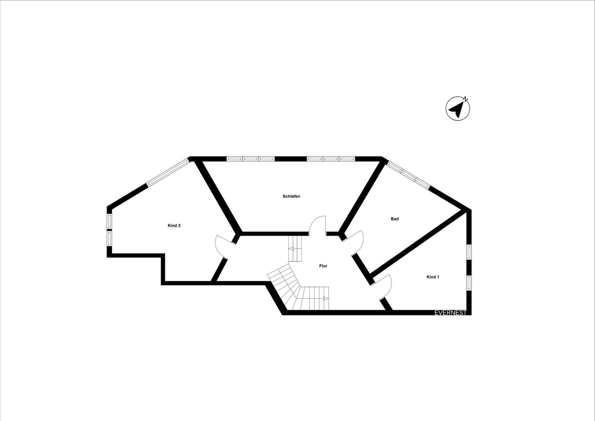 Grundriss mit Schlafzimmer, zwei Kinderzimmern, Bad und Flur.