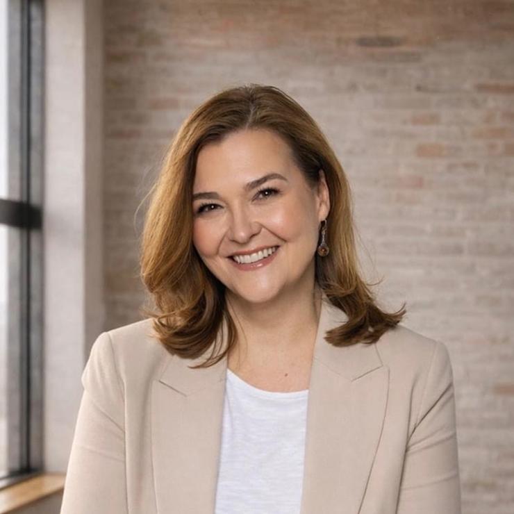 Frau mit braunen Haaren und schwarzem Blazer steht vor einer weißen Wand.