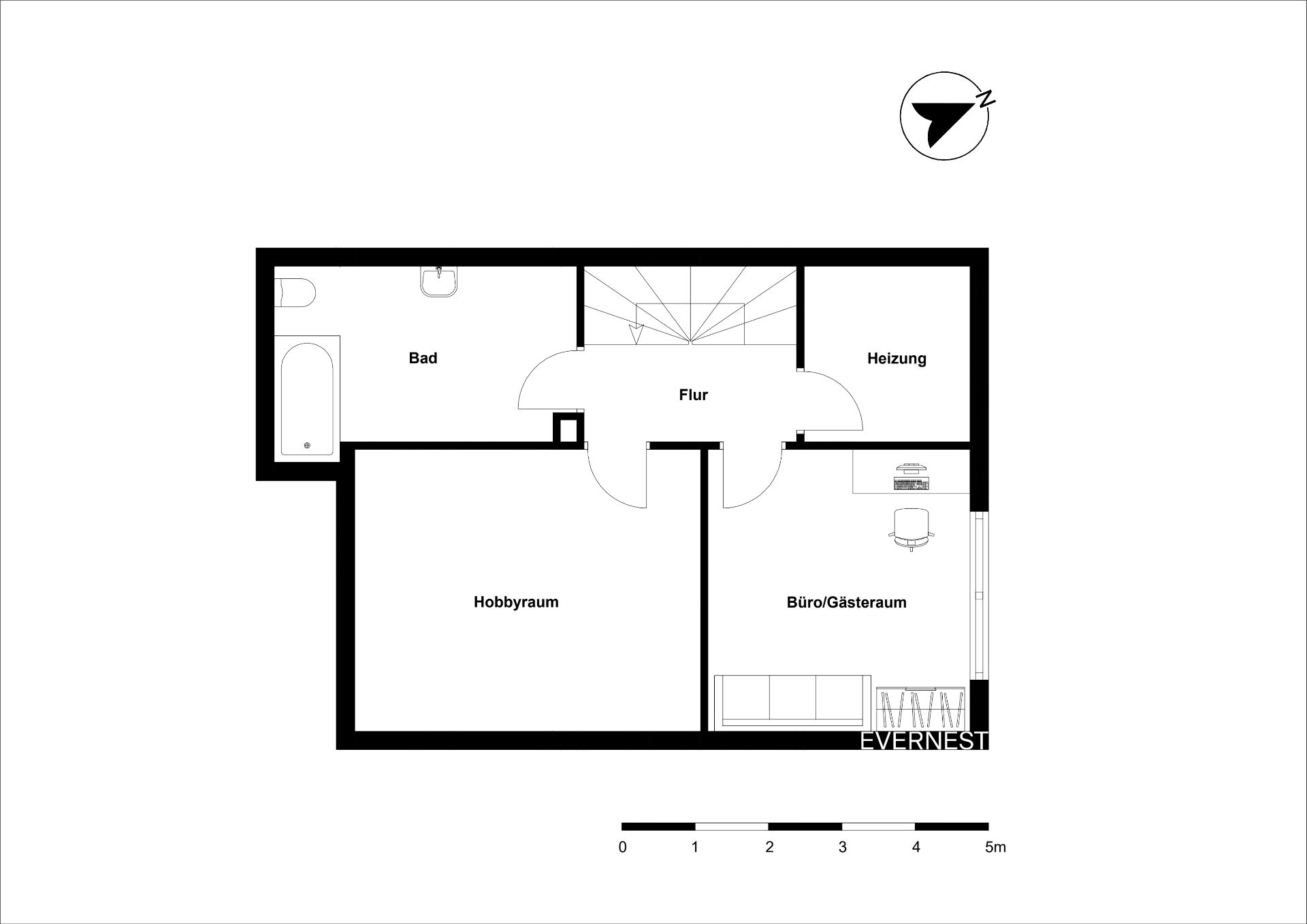 Grundriss mit Bad, Flur, Heizung, Hobbyraum und Büro/Gästezimmer.