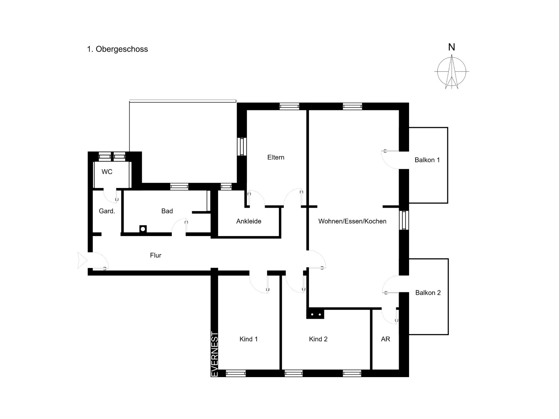Grundriss einer Wohnung mit Eltern-, Kinderzimmern, Bad, Küche, Flur und zwei Balkonen.