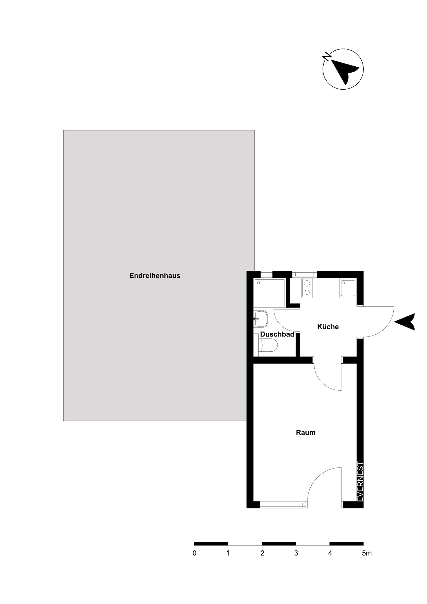 Grundriss mit Küche, Duschbad und einem großen Raum in einem Endreihenhaus.