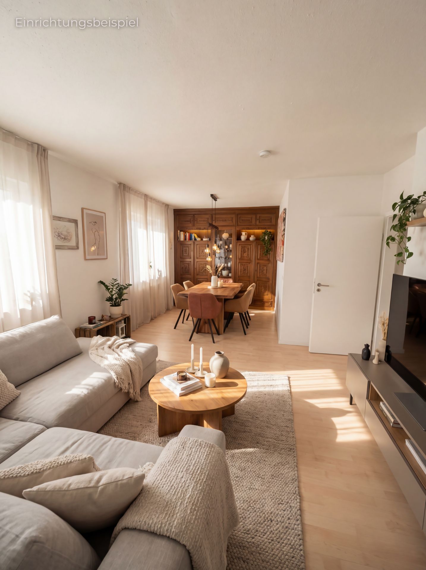 Helles Wohnzimmer mit Sofa, Couchtisch, Essbereich und Regalwand aus Holz.
