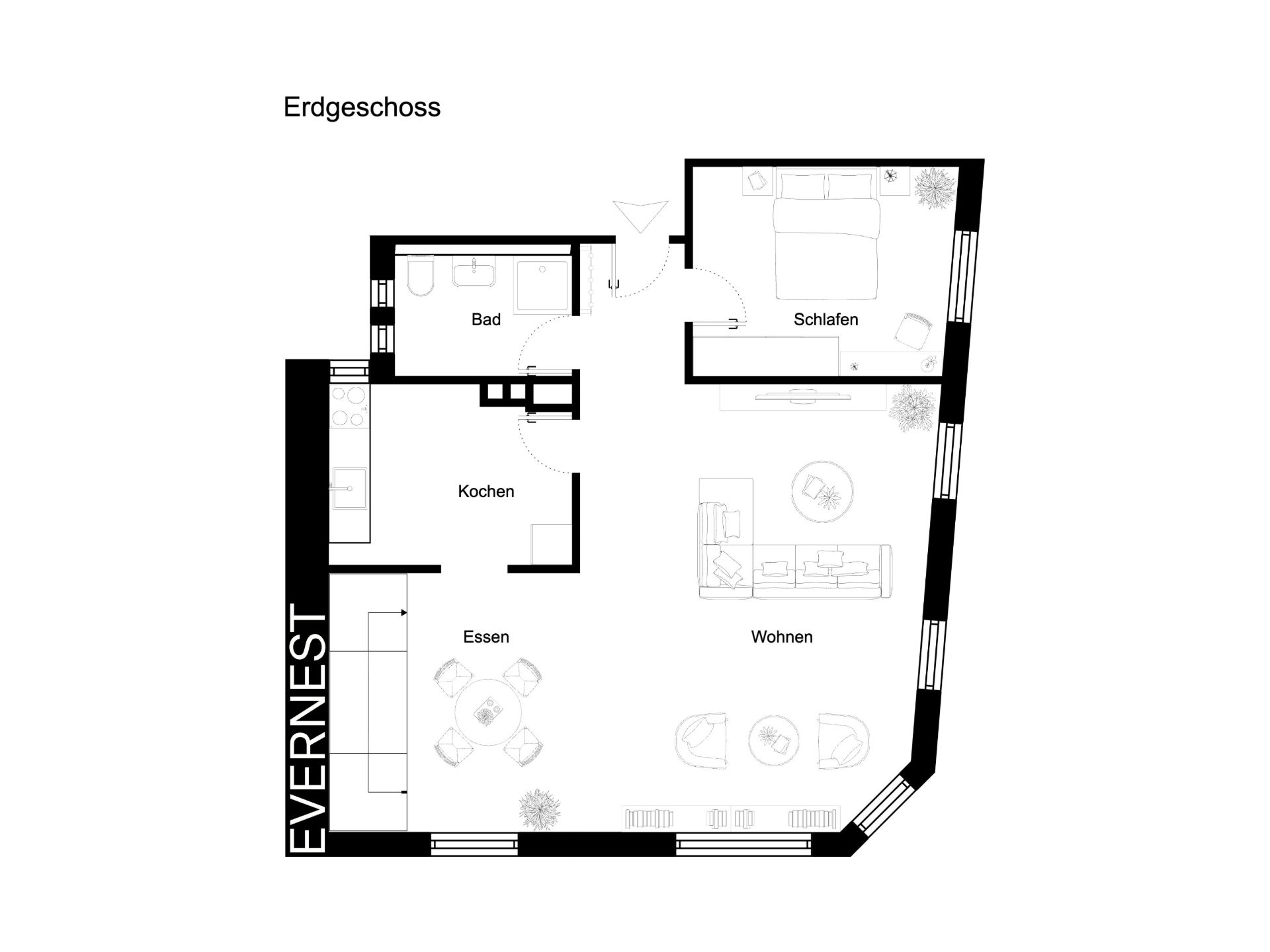 Grundriss einer Wohnung mit Schlafzimmer, Bad, Küche, Ess- und Wohnbereich.