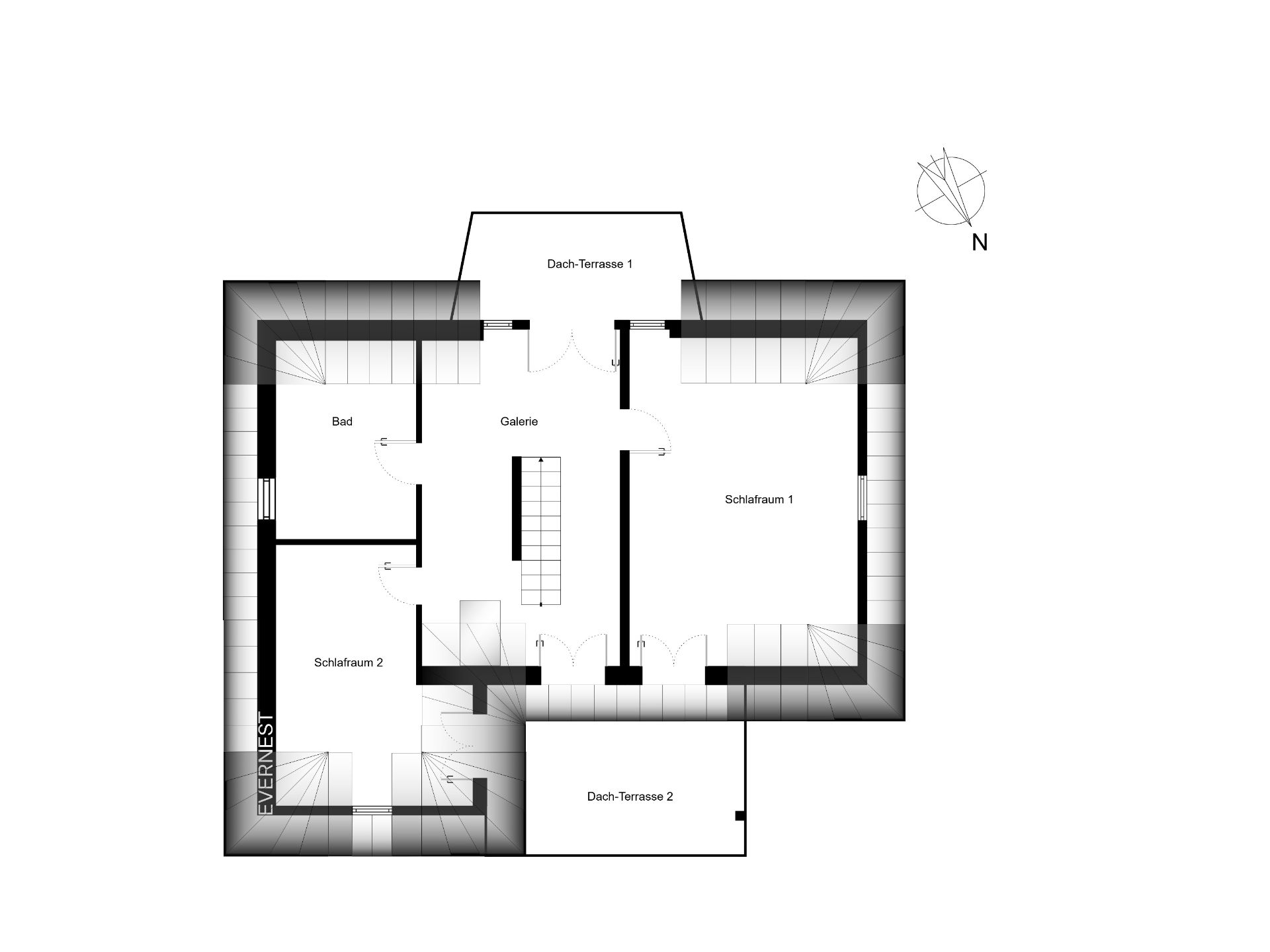 Grundriss mit zwei Schlafzimmern, Bad, Galerie und zwei Dach-Terrassen.