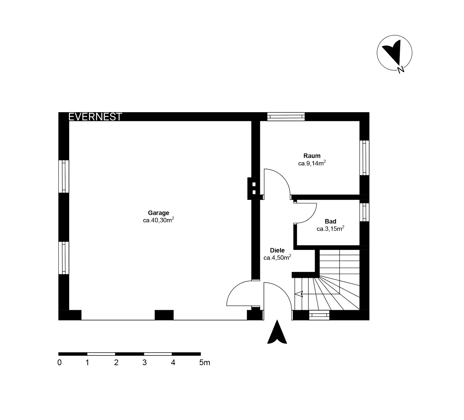 Grundriss zeigt Garage, Raum, Bad, Diele und Treppe in einem Wohngebäude.