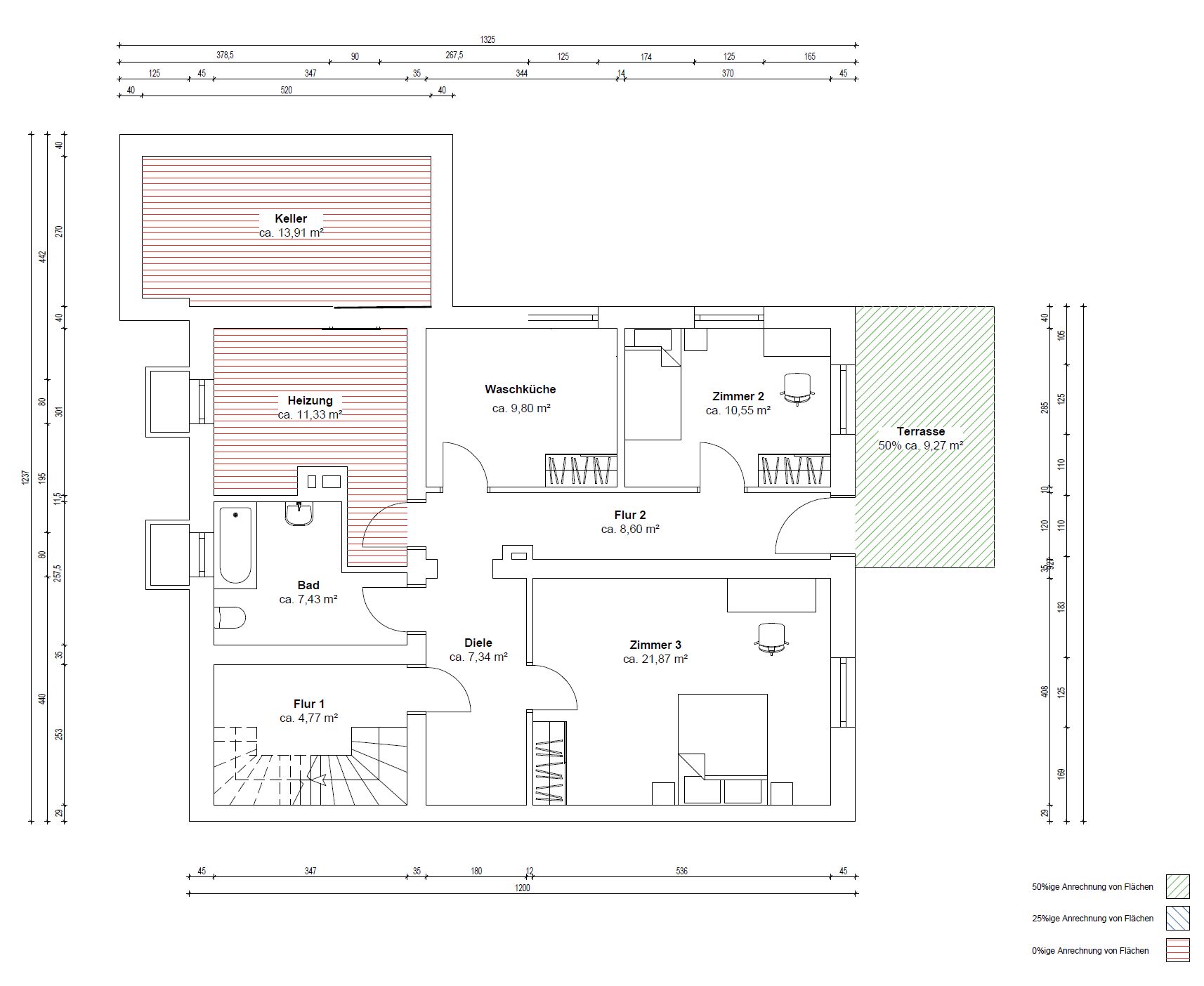 Grundriss eines Wohnhauses mit Keller, Waschküche, Bad, Zimmern und Terrasse.