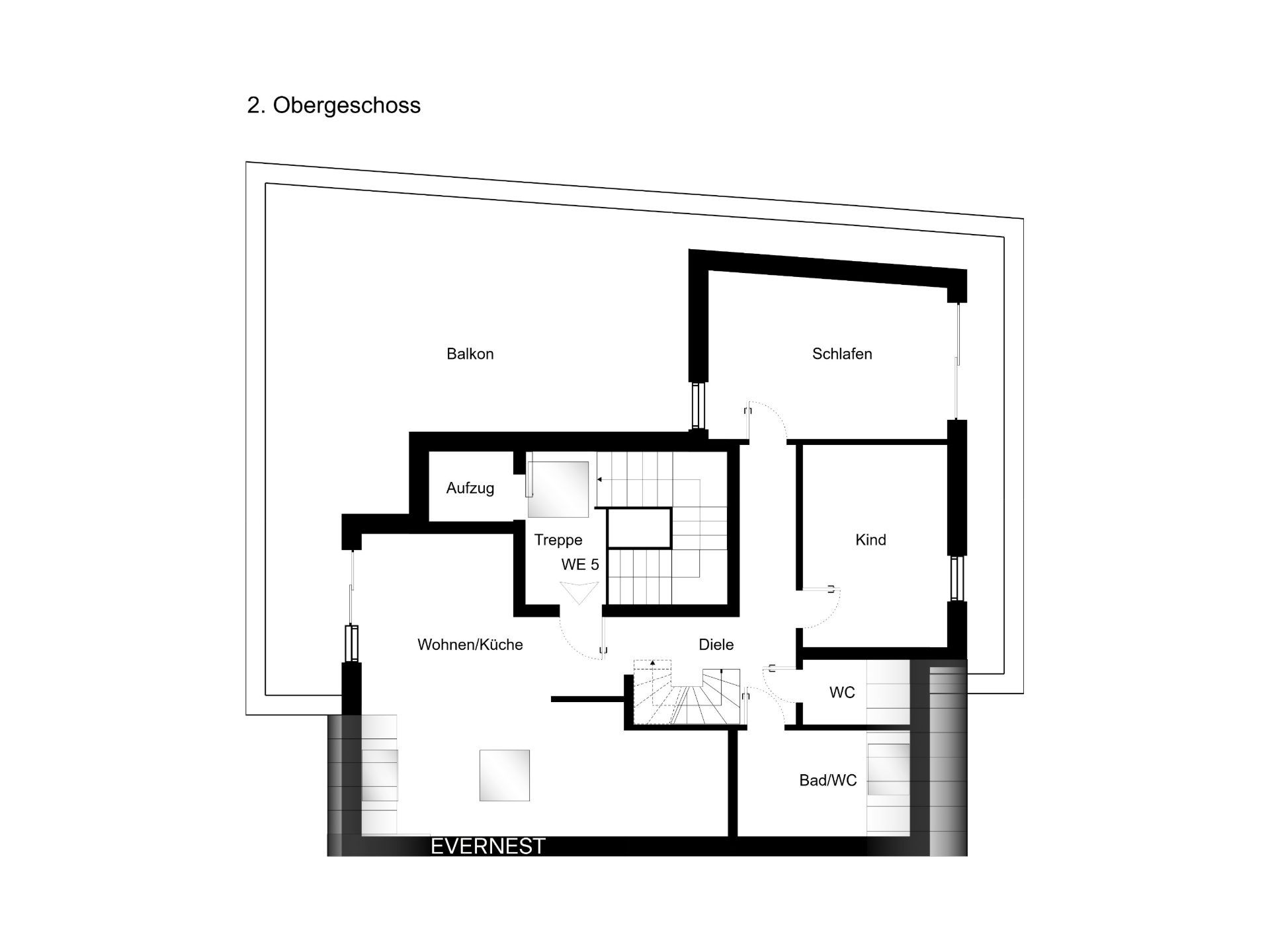 Grundriss einer Wohnung mit Balkon, Schlafzimmer, Kinderzimmer, Bad und Wohnküche.