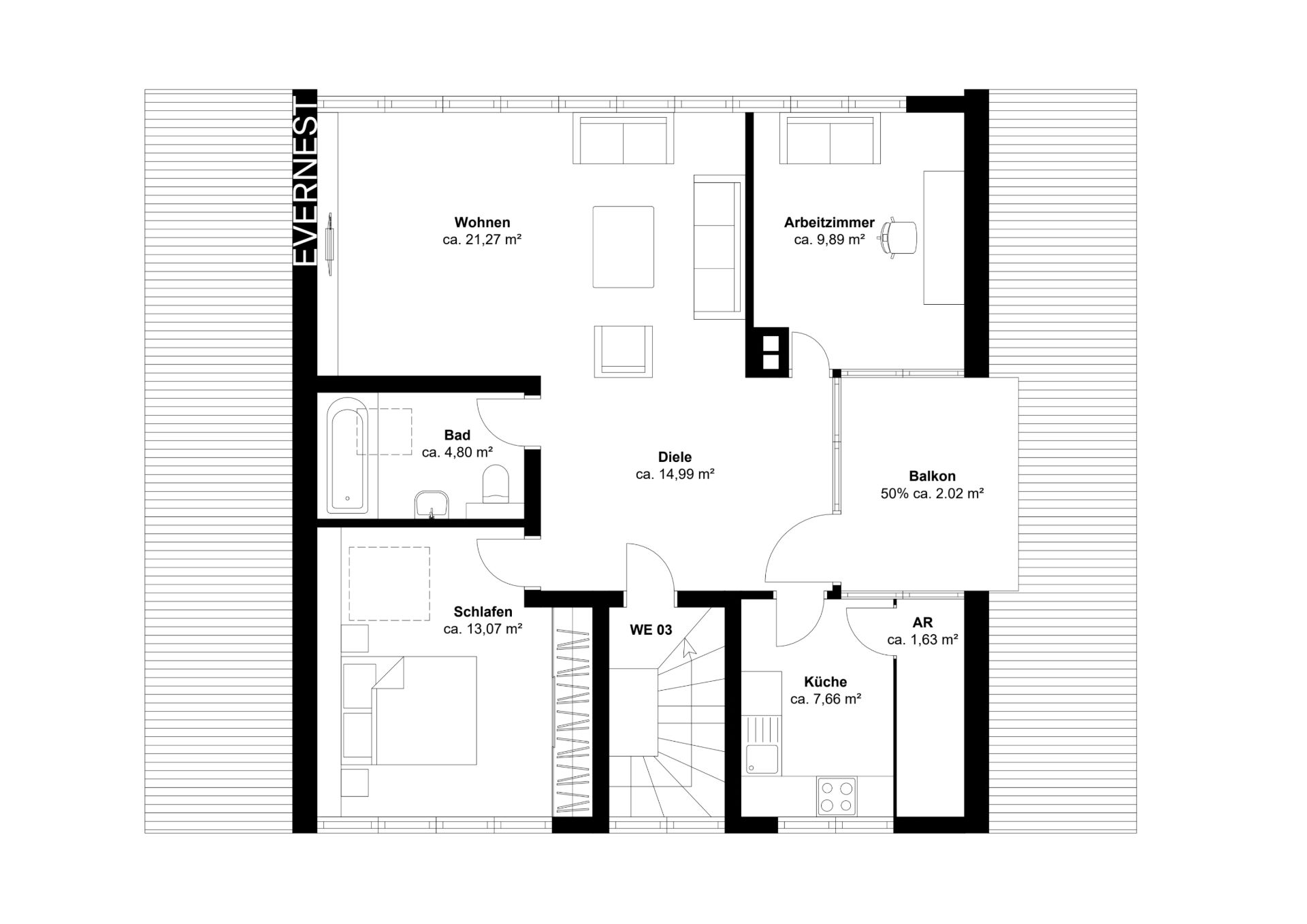 Grundriss einer Wohnung mit Wohnzimmer, Schlafzimmer, Bad, Küche, Arbeitszimmer und Balkon.