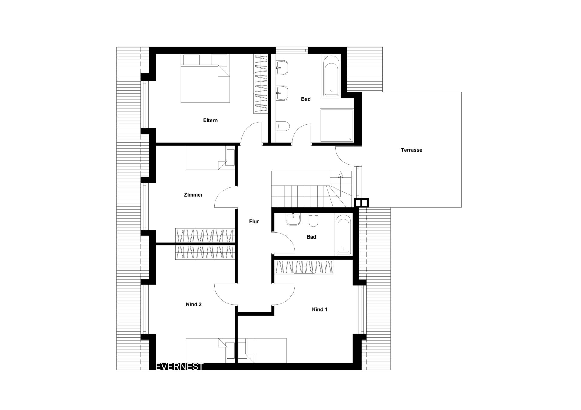 Grundriss einer Wohnung mit Eltern-, Kinderzimmern, zwei Bädern, Flur und Terrasse.