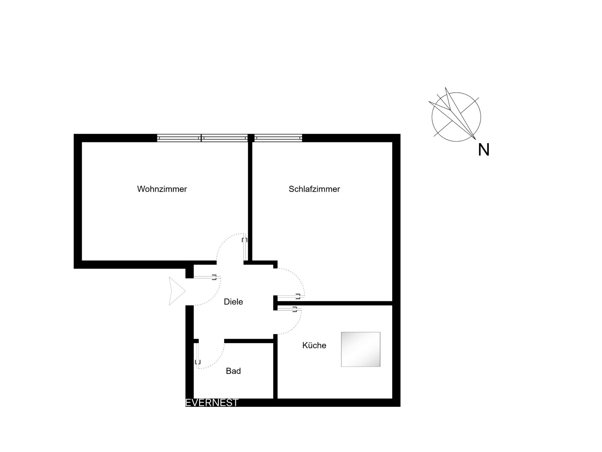 Grundriss mit Wohnzimmer, Schlafzimmer, Küche, Bad und Diele.