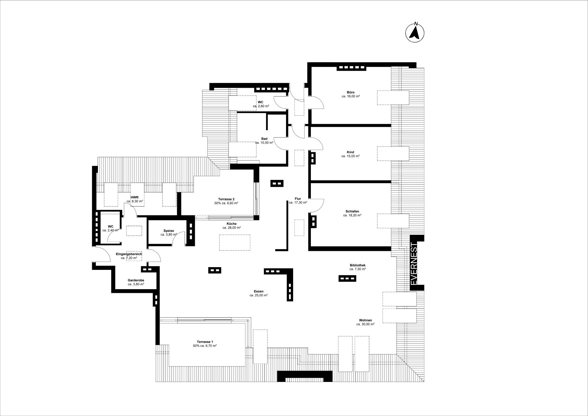 Grundriss einer Wohnung mit mehreren Zimmern, Küche, Bad und Terrasse.