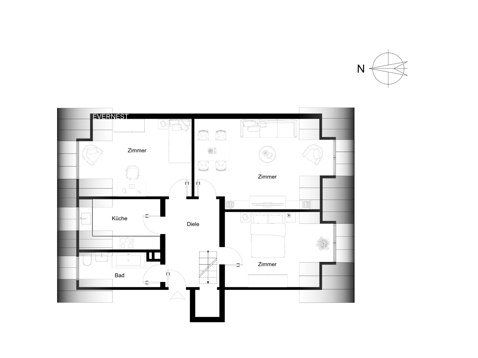 Grundriss einer Wohnung mit drei Zimmern, Küche, Bad und Diele.