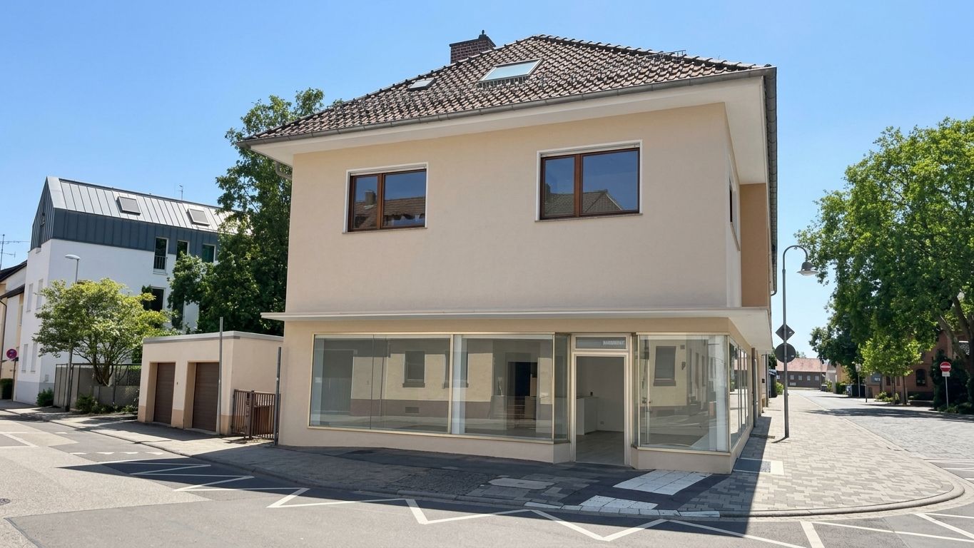 Modernes, zweistöckiges Wohnhaus an einer Straßenecke mit großen Fenstern im Erdgeschoss.
