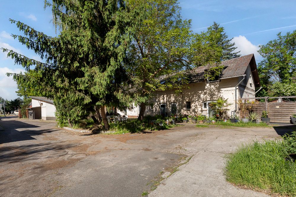 Einfamilienhaus mit Satteldach, großem Vorgarten und Bäumen auf gepflastertem Grundstück.