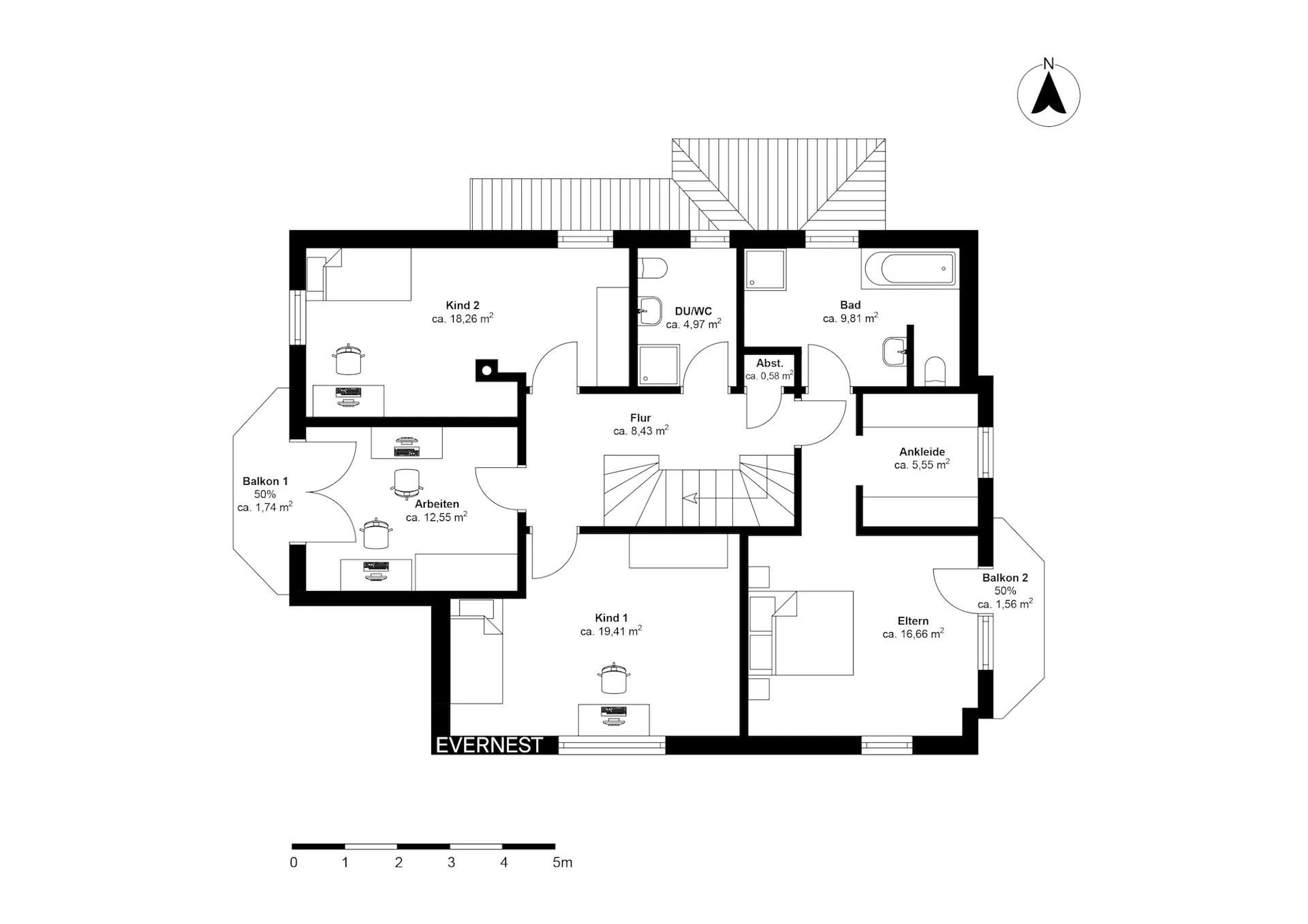 Grundriss einer Wohnung mit drei Schlafzimmern, Bad, Gäste-WC, Arbeitszimmer, Flur und zwei Balkonen.