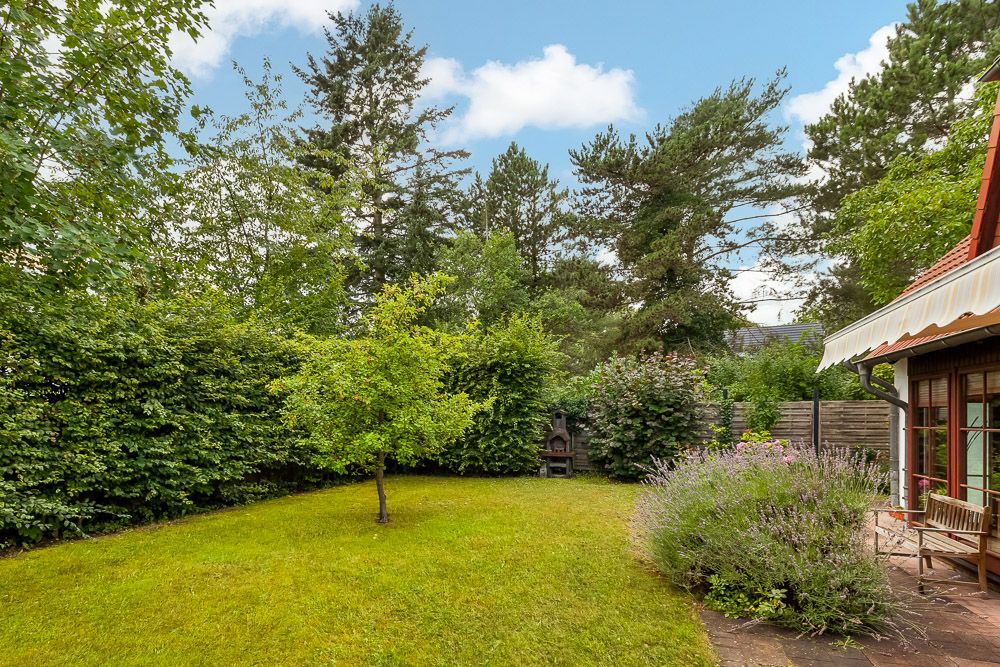 Grüner Garten mit Baum, Terrasse und Sträuchern neben einem Wohnhaus.
