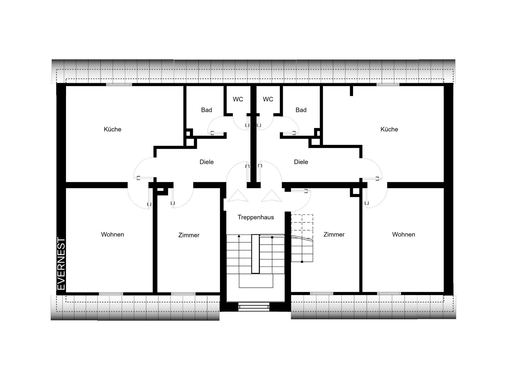 Grundriss mit zwei Küchen, zwei Wohnzimmern, zwei Bädern, zwei WCs, zwei Zimmern und zentralem Treppenhaus.