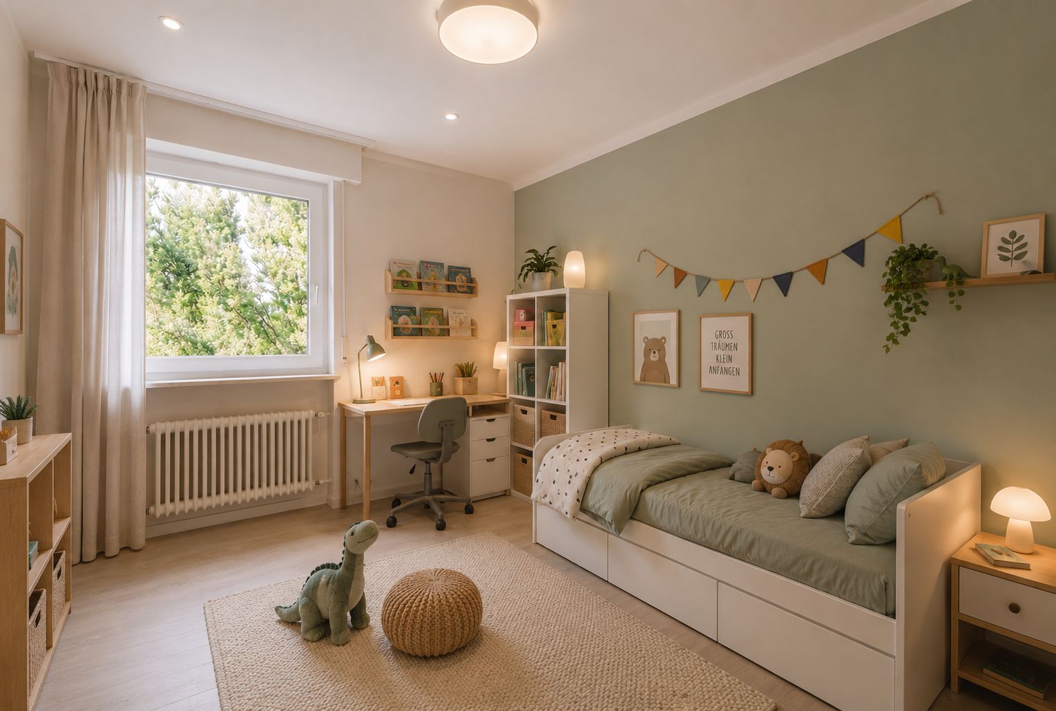 Helles Kinderzimmer mit Einzelbett, Schreibtisch am Fenster, Spielzeug und Dekoration.