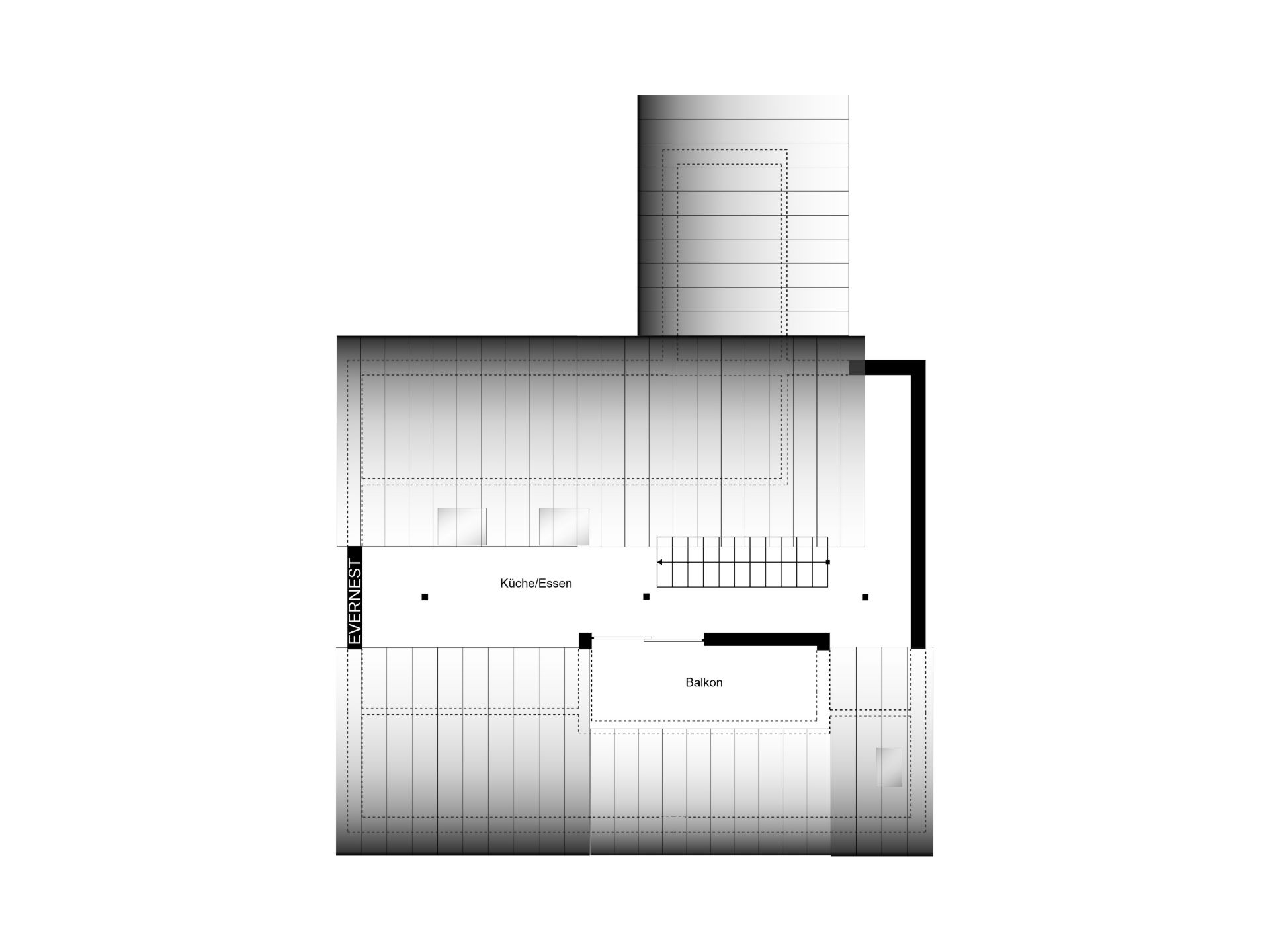 Grundriss zeigt Küche, Essbereich und Balkon in einer Wohnung.