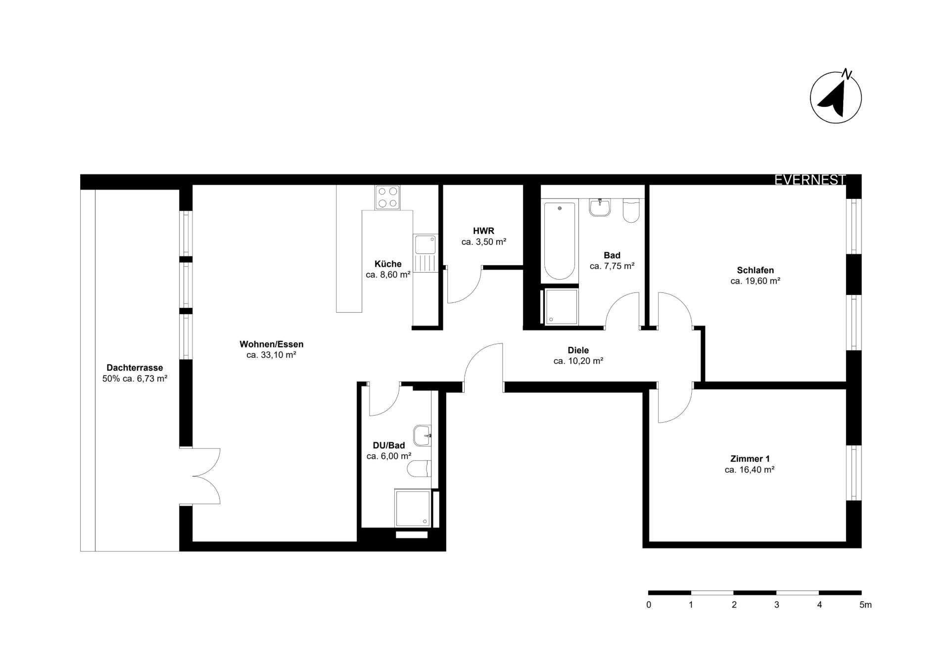 Grundriss einer Wohnung mit Dachterrasse, Wohnzimmer, Küche, zwei Bädern, Schlafzimmer und weiterem Zimmer.