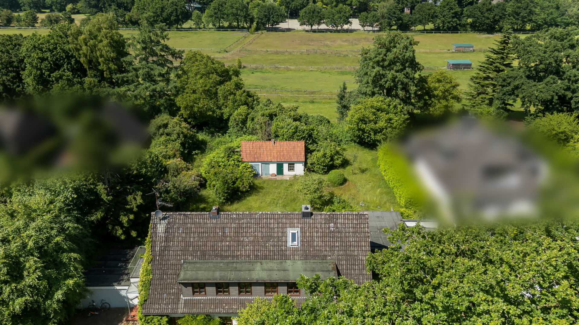 Zwei Häuser inmitten von Bäumen und viel Grün, im Hintergrund eine große Wiese.