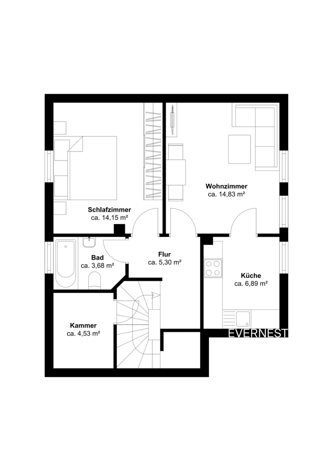 Grundriss einer Wohnung mit Schlafzimmer, Wohnzimmer, Küche, Bad, Kammer und Flur.