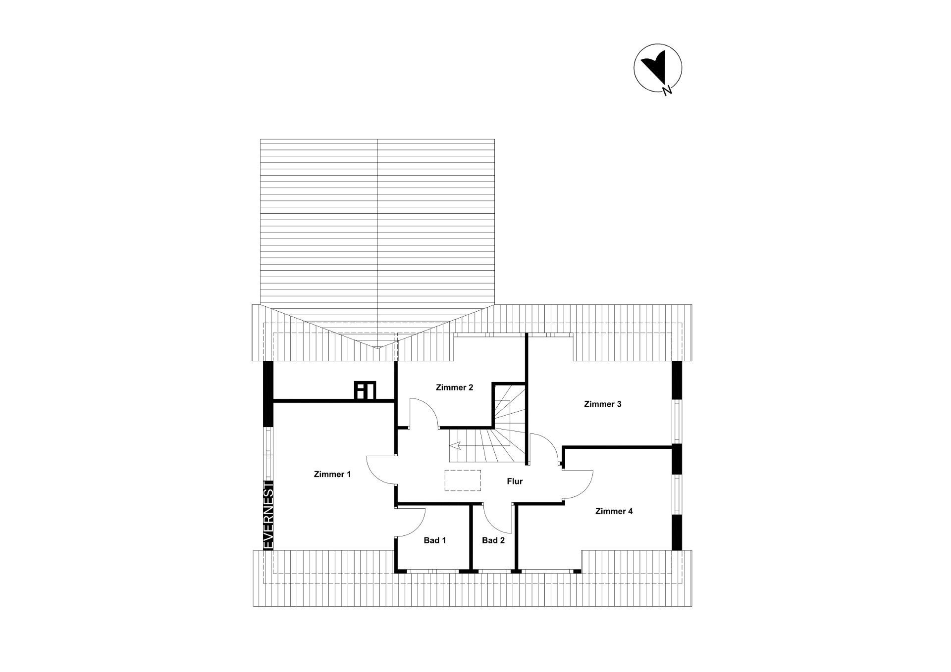 Grundriss mit vier Zimmern, zwei Bädern und einem Flur, Treppe in der Mitte.