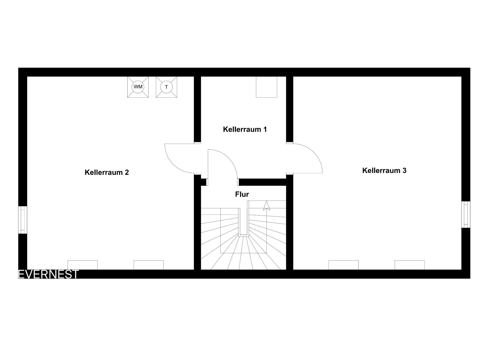 Grundriss eines Kellers mit drei Kellerräumen und einem Flur.
