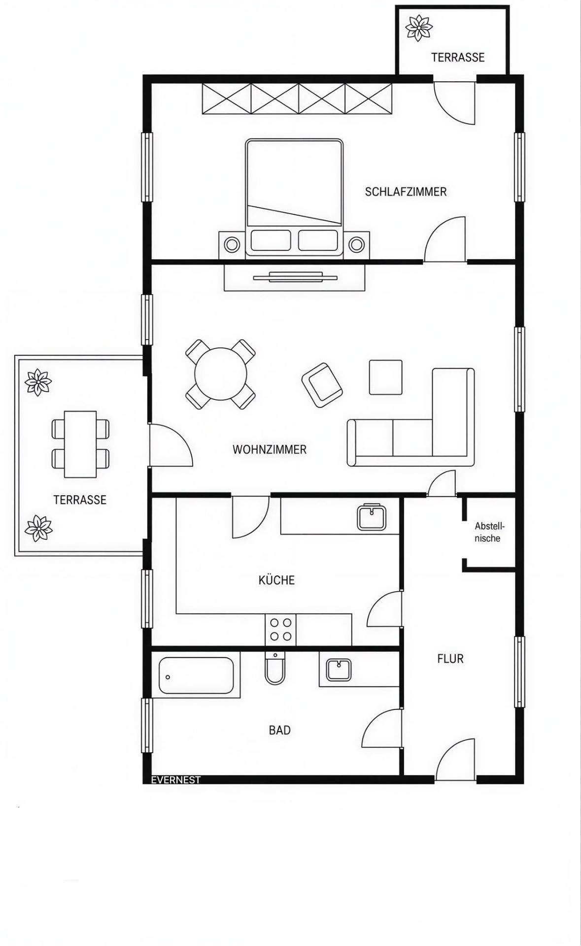 Wohnungsgrundriss mit Schlafzimmer, Wohnzimmer, Küche, Bad, Flur und zwei Terrassen.