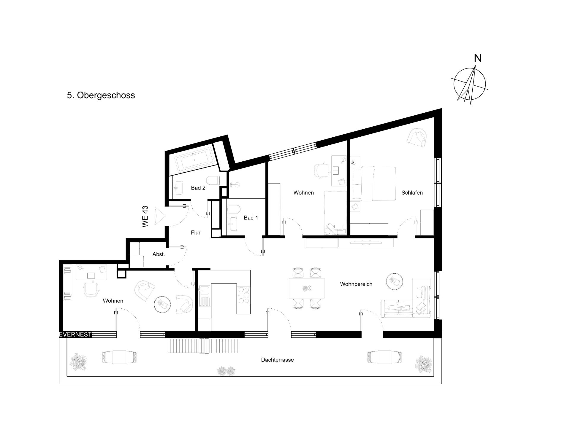 Grundriss einer Wohnung mit Wohnbereich, Schlafzimmer, zwei Bädern und Dachterrasse.