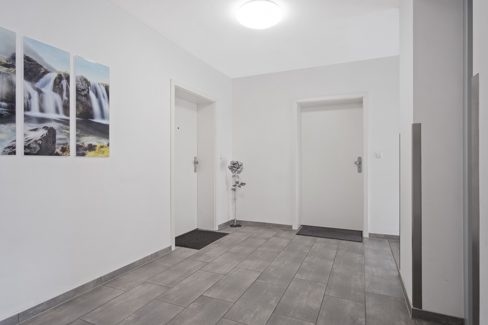 Heller Flur mit zwei weißen Türen, grauem Boden, Pflanze und Wasserfallbildern an der Wand.